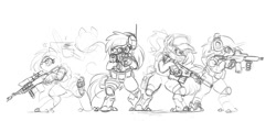 Size: 1200x528 | Tagged: safe, artist:ncmares, oc, oc only, oc:echo (ncmares), oc:frosty, oc:recce, earth pony, pony, aiming, assault rifle, bandage, baseball cap, bipedal, black and white, boots, cap, ear protection, earmuffs, female, grayscale, gun, hat, mare, monochrome, rifle, shoes, simple background, sketch, sniper rifle, soldier, tactical vest, team, weapon, white background