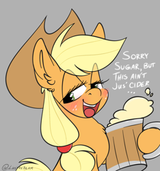 Size: 1368x1463 | Tagged: safe, artist:lustrebeam, applejack, earth pony, pony, g4, alcohol, applejack's hat, beer, blushing, bubble, chest fluff, cider, cowboy hat, cup, dialogue, drink, drunk, drunk aj, ear fluff, eyelashes, female, food, freckles, go home you're drunk, gray background, green eyes, hat, looking at you, mare, mug, simple background