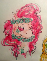 Size: 500x646 | Tagged: safe, artist:swollenbabyfat, pinkie pie, earth pony, pony, g4, bust, eyes closed, female, floral head wreath, floral necklace, flower, mare, solo, traditional art