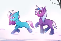 Size: 2048x1388 | Tagged: safe, artist:maxi_ponie, comet (g5), violet frost, auroricorn, pony, g5, concave belly, duo, female, happy, jewelry, male, mare, necklace, open mouth, open smile, raised hoof, smiling, snow, stallion, unshorn fetlocks