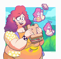Size: 1049x1019 | Tagged: safe, artist:punkittdev, pinkie pie, human, g4, bbw, bite mark, breasts, busty pinkie pie, cleavage, fat, female, food, grin, humanized, light skin, obese, one eye closed, open mouth, open smile, piggy pie, pudgy pie, sandwich, smiling, solo, thumbs up, tongue out