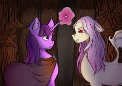 Size: 2048x1452 | Tagged: safe, artist:sages-demise, fluttershy, twilight sparkle, bat pony, pony, unicorn, g4, bat ponified, cloak, clothes, duo, female, flutterbat, glowing, glowing horn, horn, looking at each other, looking at someone, magic, mare, question mark, race swap, unicorn twilight