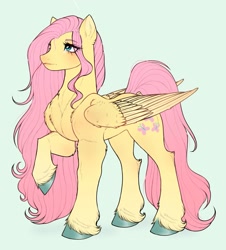 Size: 1611x1786 | Tagged: safe, artist:mayka-7, fluttershy, pegasus, pony, g4, chest fluff, colored hooves, concave belly, female, folded wings, mare, raised hoof, redesign, simple background, solo, unshorn fetlocks, white background, wings