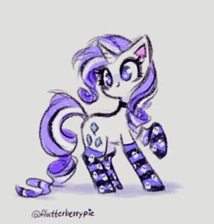Size: 543x567 | Tagged: safe, artist:flutterberrypie, rarity, pony, unicorn, g4, choker, clothes, cute, female, gray background, mare, signature, simple background, smiling, socks, solo, striped socks