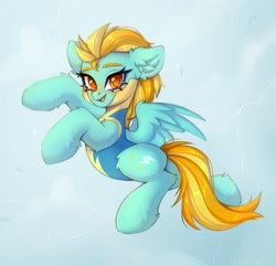 Size: 2376x2286 | Tagged: safe, artist:arisuyukita, lightning dust, pegasus, pony, g4, belly, blushing, butt, clothes, colored eyebrows, cute, dustabetes, ear fluff, eyebrows, female, fluffy, flying, high res, looking at you, mare, open mouth, open smile, plot, smiling, smiling at you, solo, spread wings, uniform, wings, wonderbolts uniform