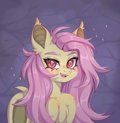 Size: 1869x1917 | Tagged: safe, artist:arisuyukita, fluttershy, bat pony, pony, g4, bat ears, bat ponified, bat wings, chest fluff, colored eyebrows, eyebrows, fangs, female, flutterbat, looking at you, mare, open mouth, open smile, race swap, slit pupils, smiling, smiling at you, solo, wings