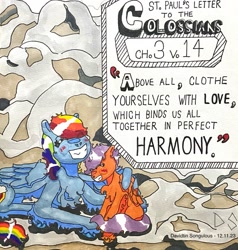Size: 1774x1864 | Tagged: safe, artist:thehumanartist, rainbow dash, scootaloo, pegasus, pony, g4, bible verse, blushing, christianity, cloud, colored, duo, duo female, female, filly, foal, grin, happy, marker drawing, religion, scootalove, sibling love, siblings, sisterly love, sisters, smiling, text, traditional art
