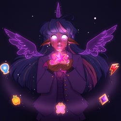 Size: 1440x1440 | Tagged: safe, artist:shammyscribbles, twilight sparkle, human, g4, artificial horn, artificial wings, augmented, blank eyes, crying, dark skin, element of generosity, element of honesty, element of kindness, element of laughter, element of loyalty, element of magic, elements of harmony, elf ears, female, glowing, glowing eyes, horn, humanized, jewelry, magic, magic horn, magic wings, ring, solo, wings