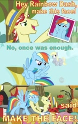 Size: 584x927 | Tagged: safe, edit, edited screencap, screencap, carrot top, cherry berry, derpy hooves, flim, fluttershy, golden harvest, rainbow dash, sassaflash, sunshower raindrops, g4, comic, dashface, screencap comic, super speedy cider squeezy 6000