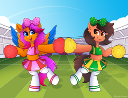 Size: 3800x2924 | Tagged: safe, artist:madelinne, oc, oc only, oc:robertapuddin, pegasus, pony, bipedal, bow, cheerleader, cheerleader outfit, clothes, cloud, duo, high res, pegasus oc, skirt, sky, socks, stadium