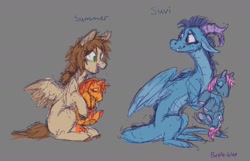 Size: 1893x1220 | Tagged: safe, artist:purple-blep, oc, oc:summerskies, oc:suvi, dragon, pegasus, pony, excited, friends, nervous, plushie, pony plushie, sketch