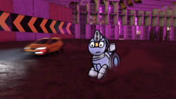 Size: 1192x670 | Tagged: safe, artist:foxfer64_yt, oc, oc:silverstream (robot pony), original species, pony, robot, robot pony, wheelpone, car, cit, drifting, ears back, looking down, neon, photo, shocked, shocked expression, solo, tunnel