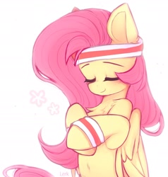 Size: 2212x2319 | Tagged: safe, artist:lerkfruitbat, fluttershy, pegasus, pony, g4, hurricane fluttershy, belly, belly button, blushing, chest fluff, cute, daaaaaaaaaaaw, eyebrows, eyes closed, female, folded wings, headband, high res, hooves to the chest, mare, shyabetes, signature, simple background, smiling, solo, sweatband, three quarter view, white background, wings, wristband