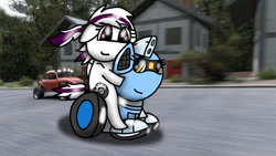 Size: 1192x670 | Tagged: safe, artist:foxfer64_yt, oc, oc only, oc:sakura (fl), oc:silverstream (robot pony), original species, pegasus, pony, robot, robot pony, wheelpone, buggy, car, duo, photo, riding, riding a pony, village, volkswagen beetle