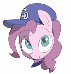 Size: 2186x2287 | Tagged: safe, artist:baigak, pinkie pie, earth pony, pony, g4, baseball cap, bust, cap, female, hat, high res, looking at you, mare, simple background, smiling, smiling at you, solo, white background