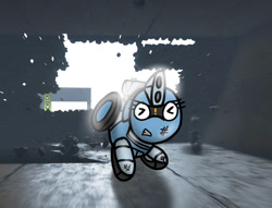 Size: 1022x782 | Tagged: safe, artist:foxfer64_yt, oc, oc only, oc:silverstream (robot pony), original species, pony, robot, robot pony, wheelpone, accident, crash, indoors, photo, pyramid, solo