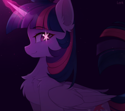 Size: 4500x4000 | Tagged: safe, artist:lerkfruitbat, twilight sparkle, alicorn, pony, g4, absurd resolution, ai hoshino, anime reference, blushing, chest fluff, cute, ear fluff, eyebrows, eyebrows visible through hair, female, fluffy, folded wings, glowing, glowing eyes, glowing horn, horn, looking at you, magic, magic aura, mare, oshi no ko, profile, raised eyebrow, side view, signature, simple background, smiling, smiling at you, solo, sparkles, starry eyes, tail, traditional art, twi hoshino, twiabetes, twilight sparkle (alicorn), wingding eyes, wings