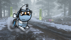 Size: 1920x1080 | Tagged: safe, artist:foxfer64_yt, oc, oc only, oc:silverstream (robot pony), pony, robot, robot pony, dirt, ears back, happy, mountain, photo, smiling, snow, solo, stone, trail, tree, winter