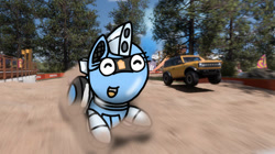 Size: 750x421 | Tagged: safe, artist:foxfer64_yt, oc, oc only, oc:silverstream (robot pony), original species, pony, robot, robot pony, wheelpone, dirt, drifting, expedition, ford, forest, happy, nature, photo, racing, solo, tree