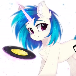 Size: 2560x2550 | Tagged: safe, artist:lerkfruitbat, dj pon-3, vinyl scratch, pony, unicorn, g4, chest fluff, colored eyebrows, concave belly, cute, ear fluff, eyebrows, eyebrows visible through hair, female, glowing, glowing horn, high res, horn, levitation, looking at you, magic, mare, record, signature, simple background, smiling, smiling at you, solo, sternocleidomastoid, telekinesis, vinylbetes, white background