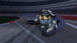 Size: 750x421 | Tagged: safe, artist:foxfer64_yt, oc, oc only, oc:silverstream (robot pony), original species, pony, robot, robot pony, wheelpone, car, confident, drifting, ears back, floppy ears, looking at you, photo, racecar, smiling, smiling at you, solo, stadium