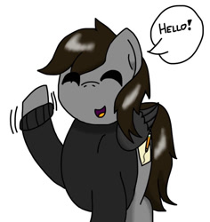 Size: 750x795 | Tagged: safe, artist:foxfer64_yt, oc, oc only, oc:razor uniboop, pegasus, pony, art trade, eyes closed, happy, looking at you, male, simple background, smiling, smiling at you, solo, stallion, waving, waving at you, white background