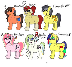 Size: 750x699 | Tagged: safe, artist:foxfer64_yt, oc, oc only, oc:gamer beauty, oc:robertapuddin, oc:rosa flame, oc:sourpatchking, oc:thunder (fl), earth pony, pegasus, pony, unicorn, pony town, confident, confused, fanart, group, happy, looking at you, one eye closed, simple background, singing, smiling, white background, wink, winking at you