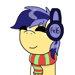 Size: 750x750 | Tagged: safe, artist:foxfer64_yt, oc, oc only, oc:twostep, earth pony, pony, clothes, headphones, listening, listening to music, scarf, simple background, smiling, solo, vibing, white background