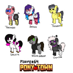 Size: 750x750 | Tagged: safe, artist:foxfer64_yt, oc, oc only, oc:anykoe, oc:onyxstar (fl), oc:razor uniboop, oc:shy art, oc:thunder (fl), oc:trackhead, bat pony, earth pony, hybrid, original species, pegasus, pony, pony town, angry, annoyed, fanart, female, group, happy, male, mare, one eye closed, relieved, stallion, wink