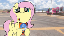 Size: 750x421 | Tagged: safe, artist:foxfer64_yt, fluttershy, pegasus, pony, g4, concerned, female, festival, forza horizon, holding, photo, rearing, solo, wallpaper