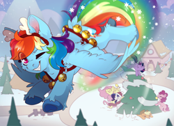Size: 6401x4624 | Tagged: safe, artist:cutepencilcase, applejack, fluttershy, pinkie pie, rainbow dash, rarity, twilight sparkle, alicorn, earth pony, pegasus, pony, unicorn, g4, absurd resolution, animal costume, antlers, cheek fluff, christmas, christmas tree, clothes, costume, decorating, ear fluff, eye clipping through hair, female, floppy ears, flying, grin, harness, hat, high angle, holiday, hoof fluff, jingle bells, looking at you, mane six, mare, one eye closed, open mouth, rainbow trail, reindeer antlers, reindeer costume, reindeer dash, scarf, smiling, smiling at you, snow, solo focus, tree, twilight sparkle (alicorn), underhoof, windswept mane, wink, winking at you, winter, x eyes
