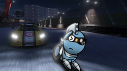 Size: 750x421 | Tagged: safe, artist:foxfer64_yt, oc, oc only, oc:silverstream (robot pony), original species, pony, robot, robot pony, wheelpone, building, car, city, highway, light, night, photo, race, racecar, skyscraper, worried