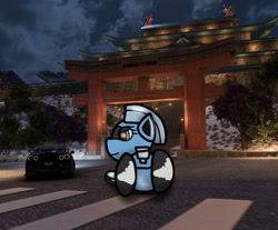 Size: 748x620 | Tagged: safe, artist:foxfer64_yt, oc, oc only, oc:silverstream (robot pony), original species, pony, robot, robot pony, wheelpone, butt, car, confident, japan, japanese, night, nissan, nissan gt-r, photo, racing, temple