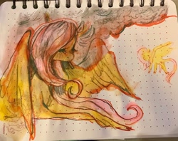 Size: 3271x2596 | Tagged: safe, artist:swollenbabyfat, fluttershy, pegasus, pony, g4, cigarette, female, high res, leonine tail, mare, smoking, solo, spread wings, tail, traditional art, wings