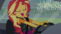Size: 1920x1080 | Tagged: safe, edit, edited screencap, editor:quoterific, screencap, sunset shimmer, driving miss shimmer, equestria girls, g4, my little pony equestria girls: better together, car, female, solo