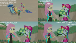 Size: 2000x1125 | Tagged: safe, edit, edited screencap, editor:quoterific, screencap, applejack, fluttershy, rainbow dash, rarity, tank, tortoise, aww... baby turtles, equestria girls, g4, my little pony equestria girls: better together, beach, clothes, swimsuit