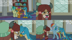 Size: 2000x1125 | Tagged: safe, edit, edited screencap, editor:quoterific, screencap, gallus, rainbow dash, sandbar, smolder, yona, dragon, earth pony, griffon, pegasus, pony, yak, g4, school daze, bipedal, book, bookshelf, female, male, mare, school of friendship, stallion