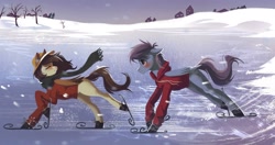 Size: 2048x1079 | Tagged: safe, artist:hichieca, oc, oc only, pegasus, pony, clothes, female, hat, hoodie, ice, ice skates, ice skating, jumper, male, mare, scarf, skates, snow, stallion