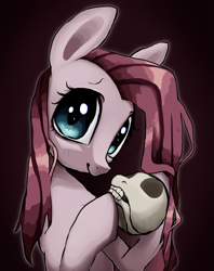 Size: 1623x2048 | Tagged: safe, artist:brainr0tter, pinkie pie, earth pony, pony, g4, bust, female, hoof hold, looking at you, mare, pinkamena diane pie, skull, smiling, smiling at you, solo, three quarter view