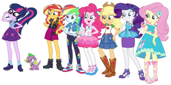 Size: 1382x693 | Tagged: safe, applejack, fluttershy, pinkie pie, rainbow dash, rarity, sci-twi, spike, spike the regular dog, sunset shimmer, twilight sparkle, dog, human, equestria girls, equestria girls series, g4, arms, blouse, boots, bracelet, breasts, bust, clothes, collar, cowboy hat, denim skirt, dress, female, freckles, hair, hairpin, hand on hip, hat, humane five, humane seven, humane six, jewelry, leather, leather vest, leggings, legs, male, needs more jpeg, open mouth, open smile, ponytail, puffy sleeves, puppy, rarity peplum dress, shirt, shoes, simple background, skirt, sleeveless, smiling, socks, tank top, teenager, teeth, vest, white background, wristband