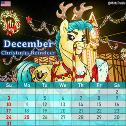 Size: 1080x1084 | Tagged: safe, artist:mintytreble, hitch trailblazer, deer, earth pony, pony, reindeer, g5, my little pony: a new generation, antlers, bells, calendar, christmas, halter, harness, holiday, jingle bells, reins, tack, traditional art