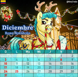 Size: 1080x1075 | Tagged: safe, artist:mintytreble, hitch trailblazer, deer, earth pony, pony, reindeer, g5, my little pony: a new generation, antlers, calendar, christmas, halter, harness, holiday, jingle bells, male, reins, spanish, stallion, tack, traditional art