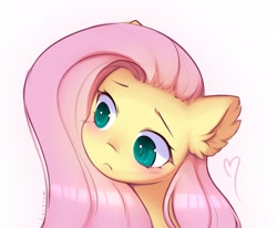 Size: 2560x2109 | Tagged: safe, artist:lerkfruitbat, fluttershy, pegasus, pony, g4, blushing, bust, cute, ear fluff, female, frown, heart, high res, looking away, mare, portrait, shyabetes, signature, simple background, solo, white background