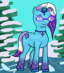 Size: 2566x2923 | Tagged: safe, artist:assertiveshypony, comet (g5), auroricorn, pony, g5, my little pony: make your mark, my little pony: make your mark chapter 6, secrets of starlight, spoiler:g5, spoiler:my little pony: make your mark, spoiler:my little pony: make your mark chapter 6, spoiler:mymc06e04, crystal horn, glasses, high res, horn, ice, jewelry, male, pine tree, snow, solo, stallion, tree