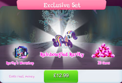 Size: 1265x859 | Tagged: safe, gameloft, rarity, pony, unicorn, g4, my little pony: magic princess, official, bundle, bush, costs real money, english, exclusive set, female, game screencap, gem, horn, mare, mirror, mobile game, numbers, rainbow power, rainbow power-ified, sale, sewing machine, solo, text