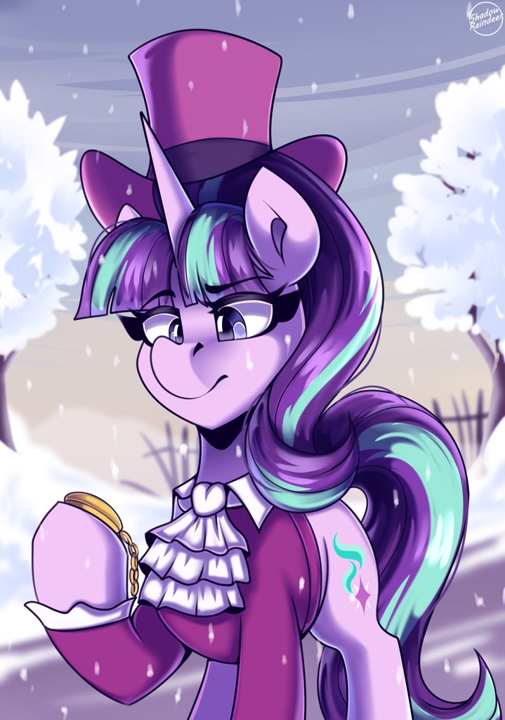 [christmas,clothes,female,g4,hat,holiday,mare,pocket watch,pony,safe,snow,solo,tree,unicorn,winter,starlight glimmer,snowfall frost,artist:shadowreindeer]