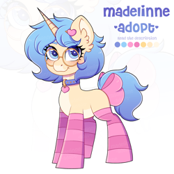 Size: 2048x2048 | Tagged: safe, artist:madelinne, oc, oc only, unicorn, adoptable, adoptable open, adoption, bow, clothes, female, glasses, high res, horn, mare, socks, unicorn oc