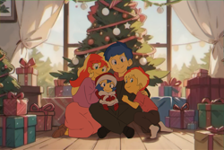 Size: 2000x1332 | Tagged: safe, artist:aokushan, flash sentry, sunset shimmer, equestria girls, g4, christmas, christmas tree, female, holiday, male, offspring, parent:flash sentry, parent:sunset shimmer, parents:flashimmer, present, ship:flashimmer, shipping, straight, tree, window