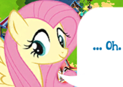 Size: 536x379 | Tagged: safe, gameloft, fluttershy, pegasus, pony, g4, my little pony: magic princess, official, cropped, dialogue, dialogue box, english, female, mare, meme, mobile game, oh, reaction image, solo, speech bubble, spread wings, text, wings, wow! glimmer