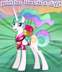 Size: 669x774 | Tagged: safe, gameloft, princess celestia, alicorn, pony, g4, my little pony: magic princess, bag, clothes, cropped, english, female, folded wings, horn, looking at you, mare, meme, mobile game, open mouth, open smile, ponytail, shirt, smiling, smiling at you, solo, text, wings, wow! glimmer